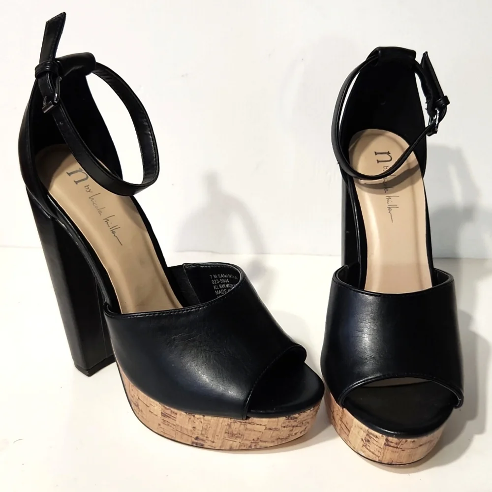 N by Nicole Miller Samantha Black Faux Leather Platform High Heels Size 7M